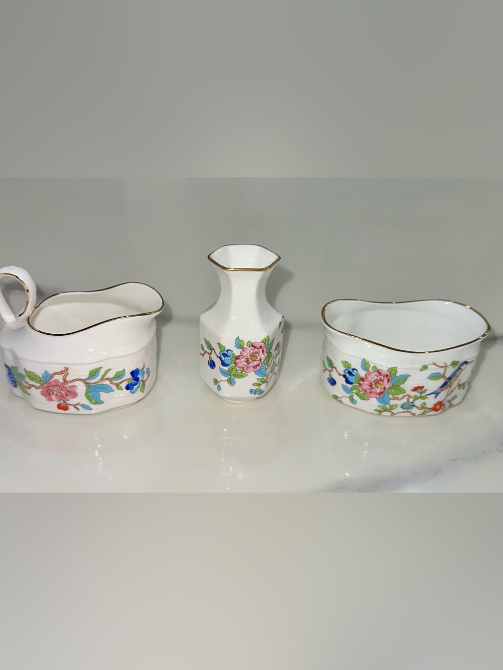 Aynsley Pembroke Fine Bone China 3-Piece Creamer Vase & Sugar Bowl Set England
